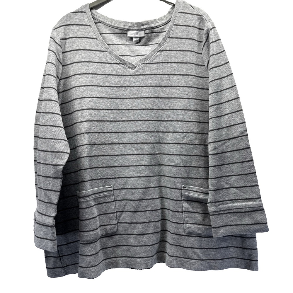 J Jill Women's Top Size 2X Black Gray Pockets Stripe 3/4 Sleeves Pullover V Neck